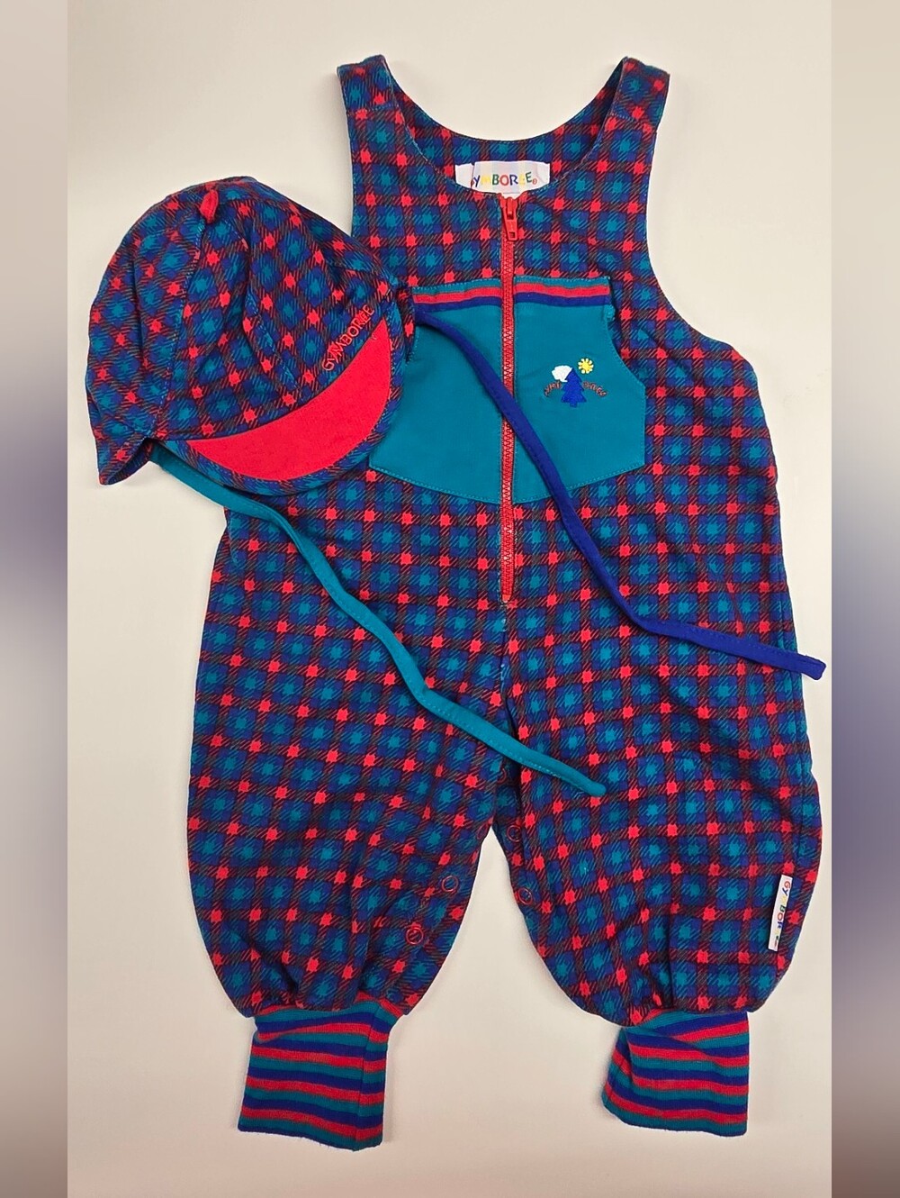 90's Gymboree Teal & Red Plaid One-Piece Romper with Hat